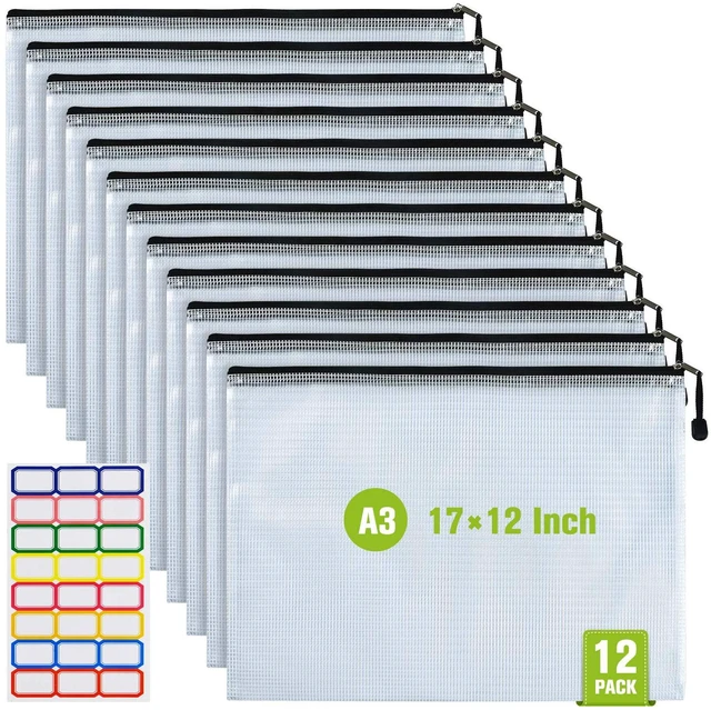 Main image of 12PCS Mesh Zipper Pouch Bags: A3 Clear Zipper Pouches for Classroom, Black 17 x 12 Inch Plastic Mesh Bag for Board Game Puzzles Storage, Waterproof Organizing Pouch for School and Office Supplies