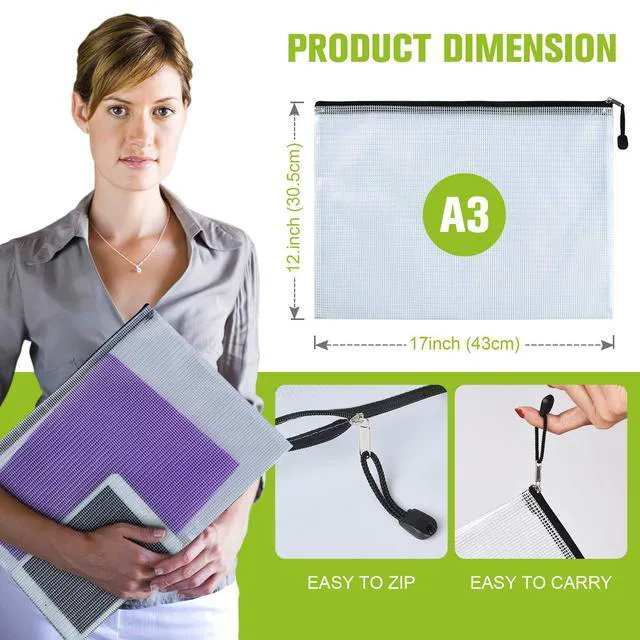 Alt view image 3 of 7 - 12PCS Mesh Zipper Pouch Bags: A3 Clear Zipper Pouches for Classroom, Black 17 x 12 Inch Plastic Mesh Bag for Board Game Puzzles Storage, Waterproof Organizing Pouch for School and Office Supplies