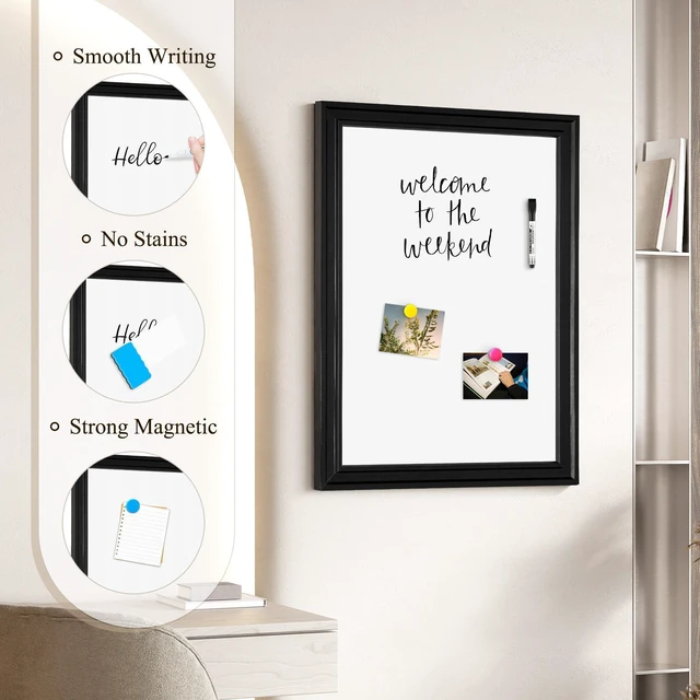Alt view image 4 of 7 - Dry Erase Board, 36" x 24" Magnetic Whiteboard, Black Wood Framed Decorative White Board, Wall-Mounted Notice Board, For School, Office, Home, 8 Magnets 4 Markers 1 Eraser