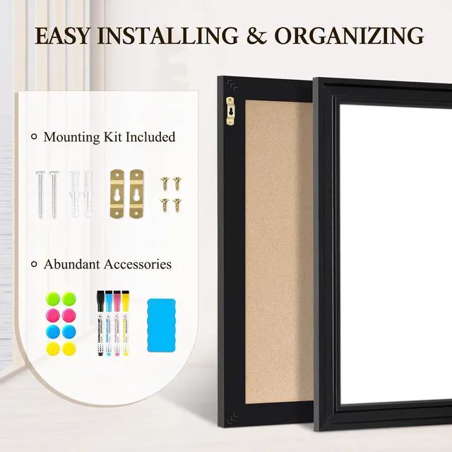 Alt view image 6 of 7 - Dry Erase Board, 36" x 24" Magnetic Whiteboard, Black Wood Framed Decorative White Board, Wall-Mounted Notice Board, For School, Office, Home, 8 Magnets 4 Markers 1 Eraser