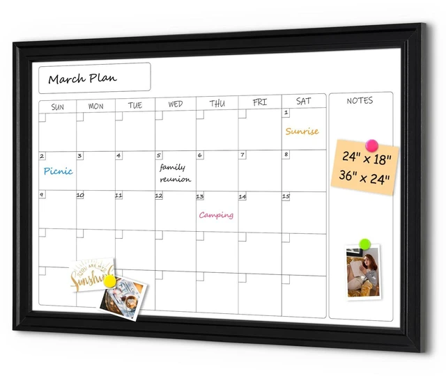 Main image of Whiteboard Calendar 36" x 24" Magnetic Dry Erase Board, Black Wood Framed Decorative White Board, Wall-Mounted, Monthly Planner, For School, Office, Home, 8 Magnets 4 Markers 1 Eraser
