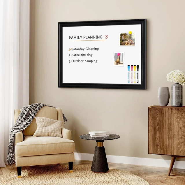 Alt view image 7 of 7 - Dry Erase Board, 36" x 24" Magnetic Whiteboard, Black Wood Framed Decorative White Board, Wall-Mounted Notice Board, For School, Office, Home, 8 Magnets 4 Markers 1 Eraser