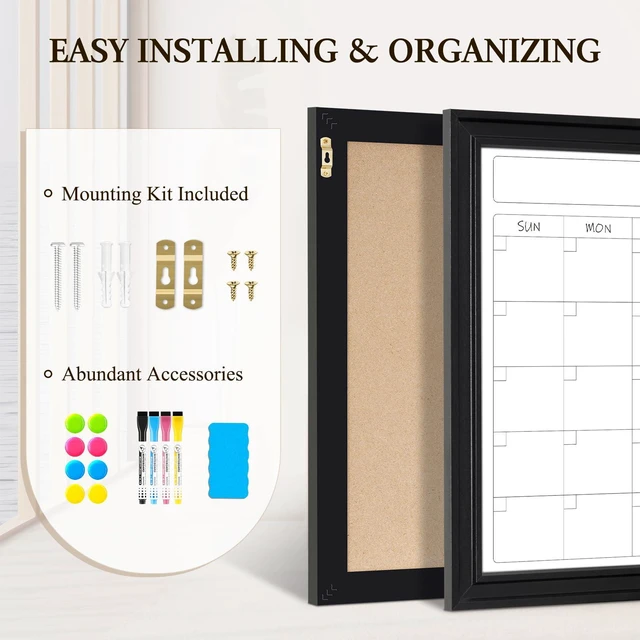 Alt view image 3 of 7 - Whiteboard Calendar 36" x 24" Magnetic Dry Erase Board, Black Wood Framed Decorative White Board, Wall-Mounted, Monthly Planner, For School, Office, Home, 8 Magnets 4 Markers 1 Eraser