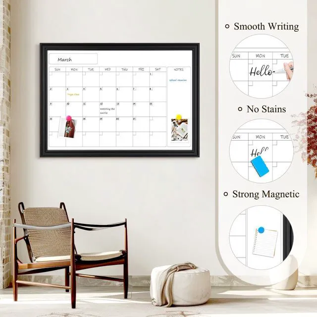 Alt view image 4 of 7 - Whiteboard Calendar 36" x 24" Magnetic Dry Erase Board, Black Wood Framed Decorative White Board, Wall-Mounted, Monthly Planner, For School, Office, Home, 8 Magnets 4 Markers 1 Eraser