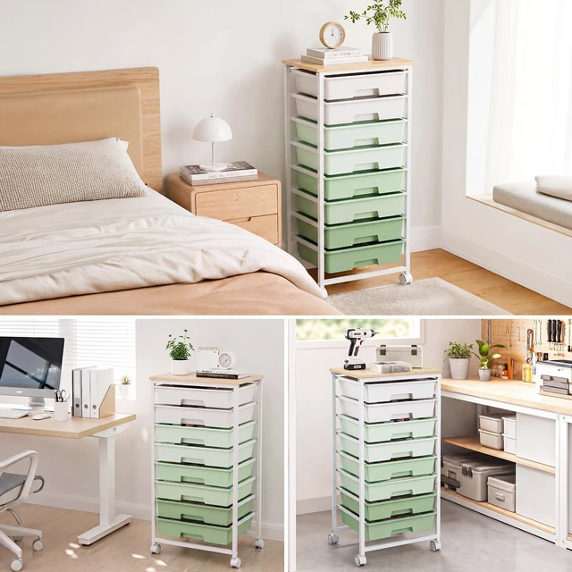 Alt view image 6 of 7 - Rolling Storage Cart with 8 Drawers, Utility Cart on Lockable Wheels Metal Frame and Wooden Tabletop for Living Room Bedroom Dorm, Office Storage & Art Supply Craft Organizer for Classroom,Green