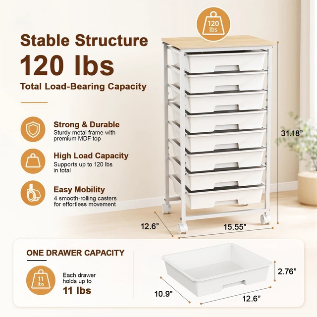 Alt view image 2 of 7 - Rolling Storage Cart with 8 Drawers, Utility Cart on Lockable Wheels Metal Frame and Wooden Tabletop for Living Room Bedroom Dorm, Office Storage & Art Supply Craft Organizer for Classroom,White