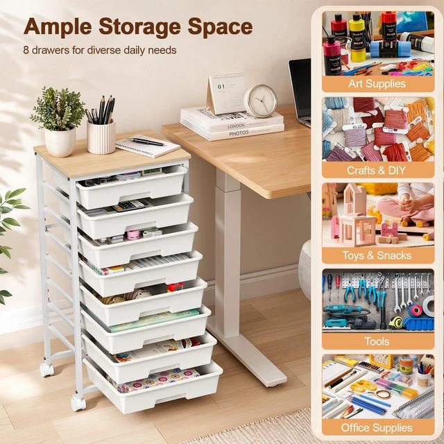 Alt view image 3 of 7 - Rolling Storage Cart with 8 Drawers, Utility Cart on Lockable Wheels Metal Frame and Wooden Tabletop for Living Room Bedroom Dorm, Office Storage & Art Supply Craft Organizer for Classroom,White