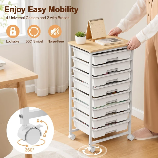 Alt view image 4 of 7 - Rolling Storage Cart with 8 Drawers, Utility Cart on Lockable Wheels Metal Frame and Wooden Tabletop for Living Room Bedroom Dorm, Office Storage & Art Supply Craft Organizer for Classroom,White