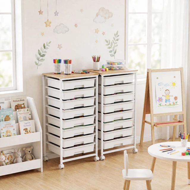Alt view image 5 of 7 - Rolling Storage Cart with 8 Drawers, Utility Cart on Lockable Wheels Metal Frame and Wooden Tabletop for Living Room Bedroom Dorm, Office Storage & Art Supply Craft Organizer for Classroom,White