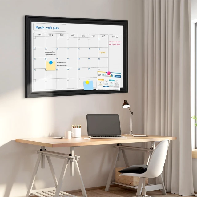 Alt view image 6 of 7 - Whiteboard Calendar 36" x 24" Magnetic Dry Erase Board, Black Wood Framed Decorative White Board, Wall-Mounted, Monthly Planner, For School, Office, Home, 8 Magnets 4 Markers 1 Eraser