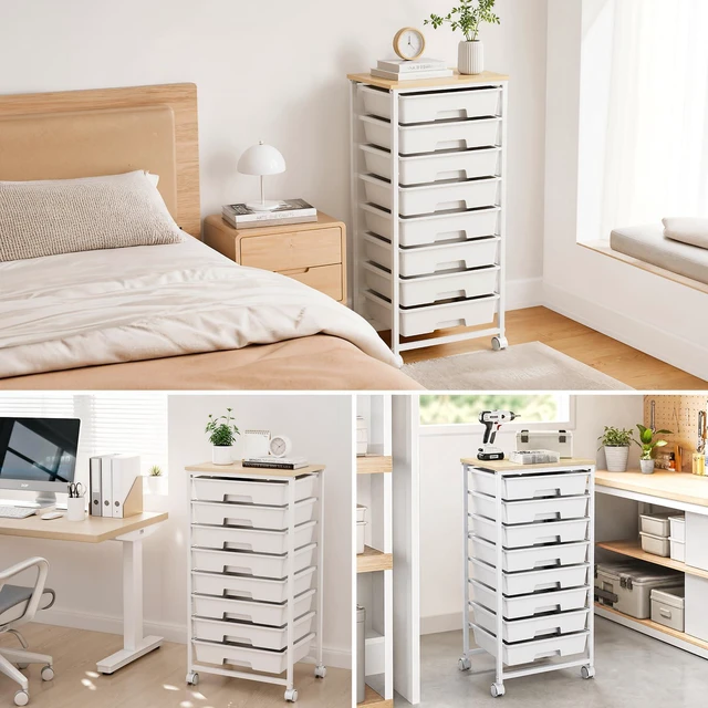 Alt view image 6 of 7 - Rolling Storage Cart with 8 Drawers, Utility Cart on Lockable Wheels Metal Frame and Wooden Tabletop for Living Room Bedroom Dorm, Office Storage & Art Supply Craft Organizer for Classroom,White