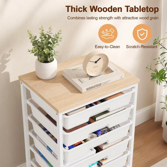 Alt view image 7 of 7 - Rolling Storage Cart with 8 Drawers, Utility Cart on Lockable Wheels Metal Frame and Wooden Tabletop for Living Room Bedroom Dorm, Office Storage & Art Supply Craft Organizer for Classroom,White