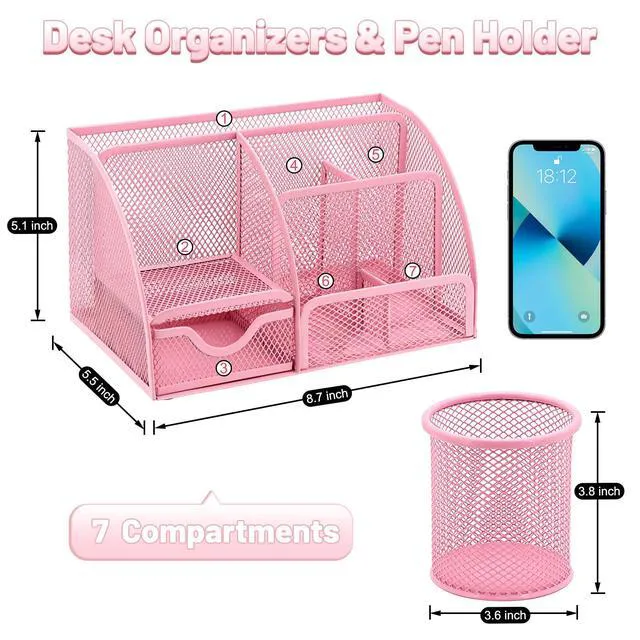 Alt view image 2 of 7 - 13-in-1 Office Desk Organizer Set for Back to School Supplies Accessories Organizer Set with Stapler and Tape Dispenser, Pen Holder, Scissors, Ruler, Hole Punch, 2 Pens & More Desk Supplies