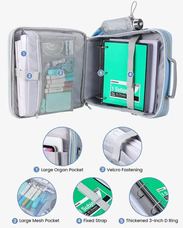 Alt view image 3 of 7 - Zipper Binder 3 Inch D-Ring 3 Ring with Water Bottle Holder Binder with Strap for School/Office, 700 Sheet Capacity-Multiple Pockets, Fit for 13" Tablet/Laptop, Baby Blue
