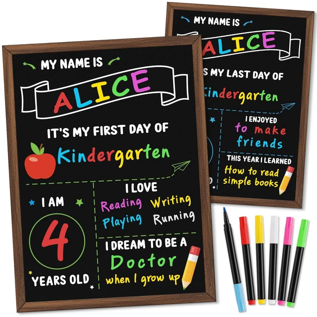 Main image of First Day of School Sign, 14 x 10.4 Inch Double Sided Reusable Back to School Chalkboard with Wooden Frame & 6 Chalk Markers, First & Last Day Board Supplies for Preschool Kindergarten Kids Boys Girls
