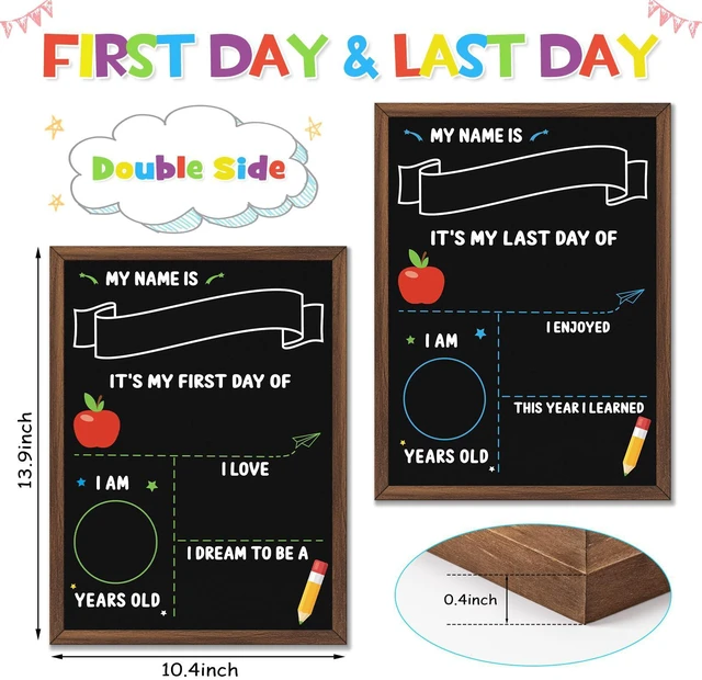Alt view image 2 of 7 - First Day of School Sign, 14 x 10.4 Inch Double Sided Reusable Back to School Chalkboard with Wooden Frame & 6 Chalk Markers, First & Last Day Board Supplies for Preschool Kindergarten Kids Boys Girls