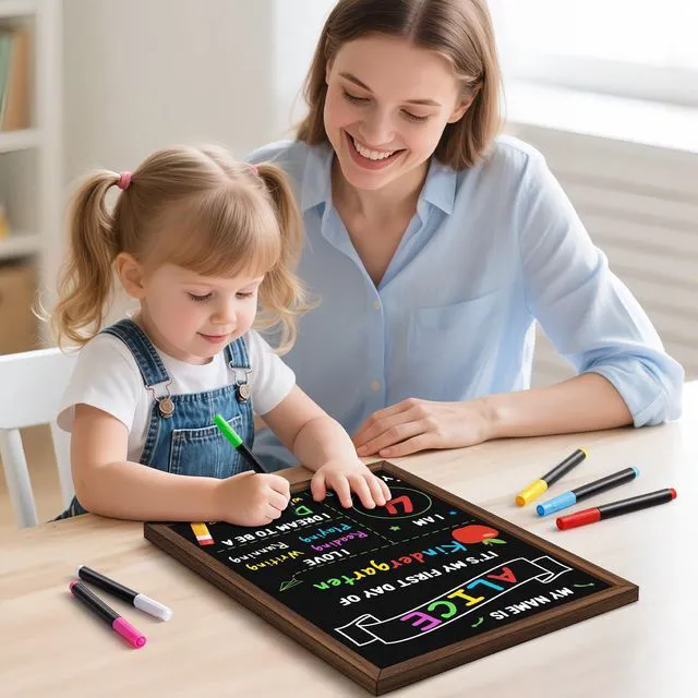 Alt view image 3 of 7 - First Day of School Sign, 14 x 10.4 Inch Double Sided Reusable Back to School Chalkboard with Wooden Frame & 6 Chalk Markers, First & Last Day Board Supplies for Preschool Kindergarten Kids Boys Girls
