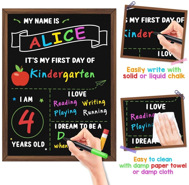 Alt view image 4 of 7 - First Day of School Sign, 14 x 10.4 Inch Double Sided Reusable Back to School Chalkboard with Wooden Frame & 6 Chalk Markers, First & Last Day Board Supplies for Preschool Kindergarten Kids Boys Girls