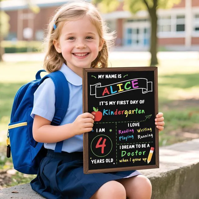 Alt view image 6 of 7 - First Day of School Sign, 14 x 10.4 Inch Double Sided Reusable Back to School Chalkboard with Wooden Frame & 6 Chalk Markers, First & Last Day Board Supplies for Preschool Kindergarten Kids Boys Girls