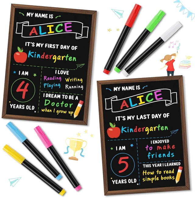 Alt view image 5 of 7 - First Day of School Sign, 14 x 10.4 Inch Double Sided Reusable Back to School Chalkboard with Wooden Frame & 6 Chalk Markers, First & Last Day Board Supplies for Preschool Kindergarten Kids Boys Girls