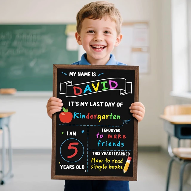 Alt view image 7 of 7 - First Day of School Sign, 14 x 10.4 Inch Double Sided Reusable Back to School Chalkboard with Wooden Frame & 6 Chalk Markers, First & Last Day Board Supplies for Preschool Kindergarten Kids Boys Girls