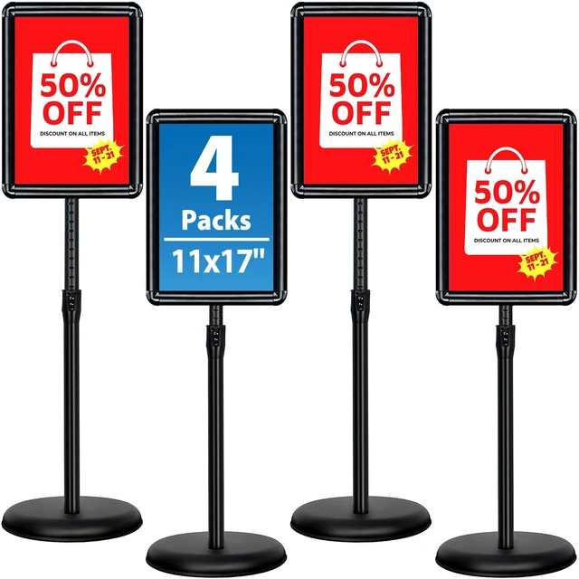 Main image of 4Pack 11x17 Sign Stand - Adjustable Floor Standing Sign Holder Pedestal Poster Stand, Adjustable Height, Vertical/Horizontal Snap-Open Frame, Business & Store Sign Holder Stand, Black