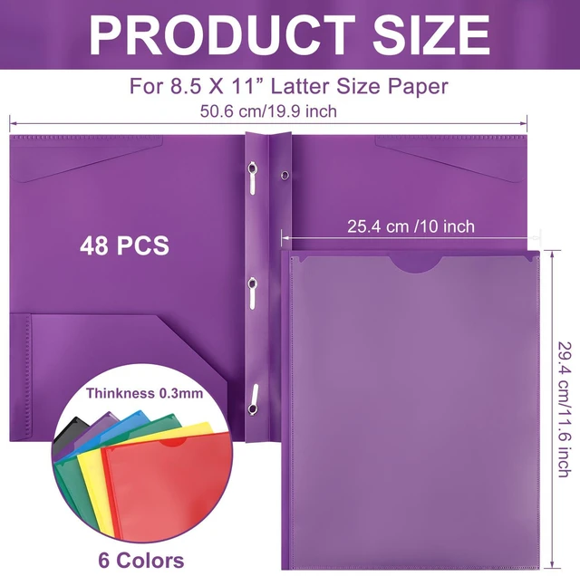 Alt view image 2 of 7 - 48 Plastic Folders with 3 Prongs Bulk, Bright Colors Heavy Duty Folders with Clear Front Pockets and Card Slots Folder with Fasteners Fit Letter-size Paper for Work School Office