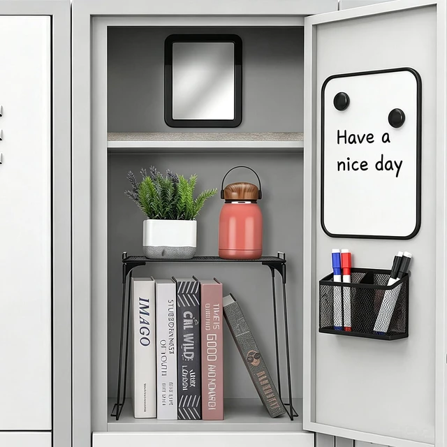 Alt view image 6 of 7 - 13 Pcs Black Locker Accessories for Girls Locker Organizer Kit Back to School Party Office School, Locker Shelf for Girls Including Organizing Shelf Magnetic Whiteboard Mirror