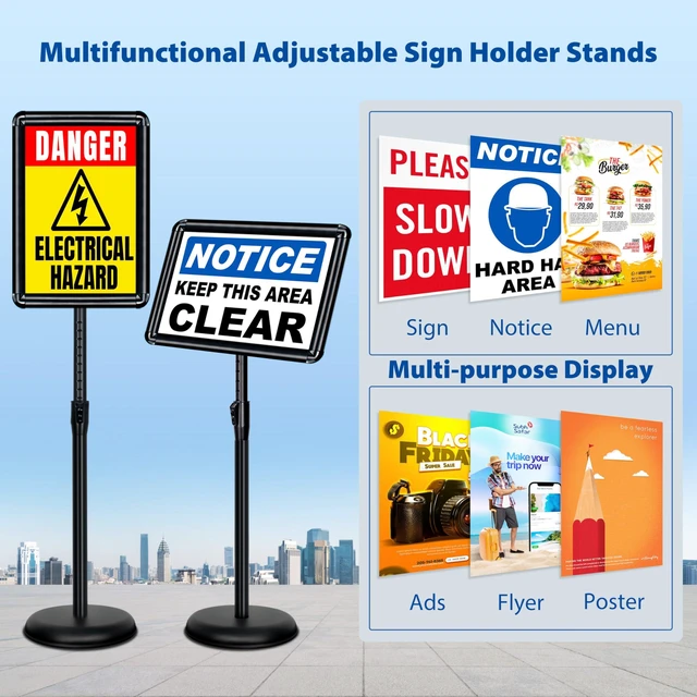 Alt view image 2 of 7 - 4Pack 11x17 Sign Stand - Adjustable Floor Standing Sign Holder Pedestal Poster Stand, Adjustable Height, Vertical/Horizontal Snap-Open Frame, Business & Store Sign Holder Stand, Black