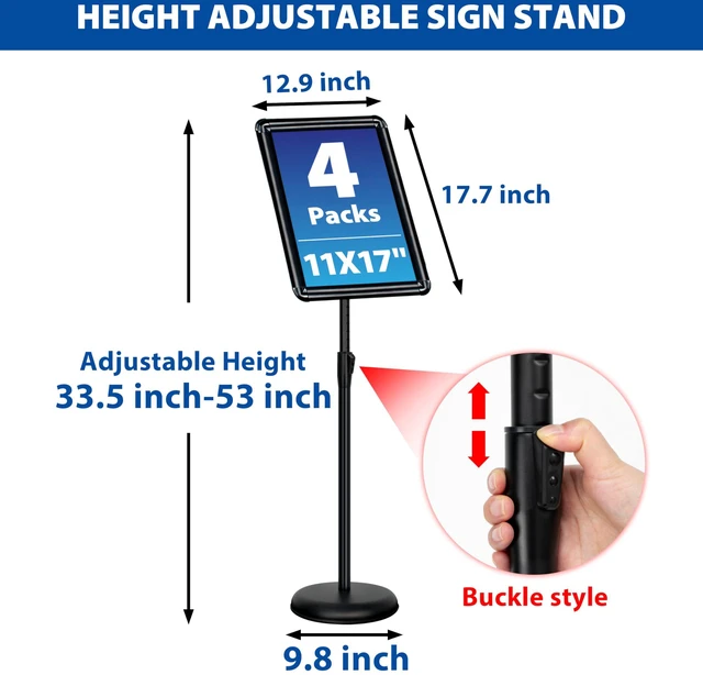Alt view image 3 of 7 - 4Pack 11x17 Sign Stand - Adjustable Floor Standing Sign Holder Pedestal Poster Stand, Adjustable Height, Vertical/Horizontal Snap-Open Frame, Business & Store Sign Holder Stand, Black