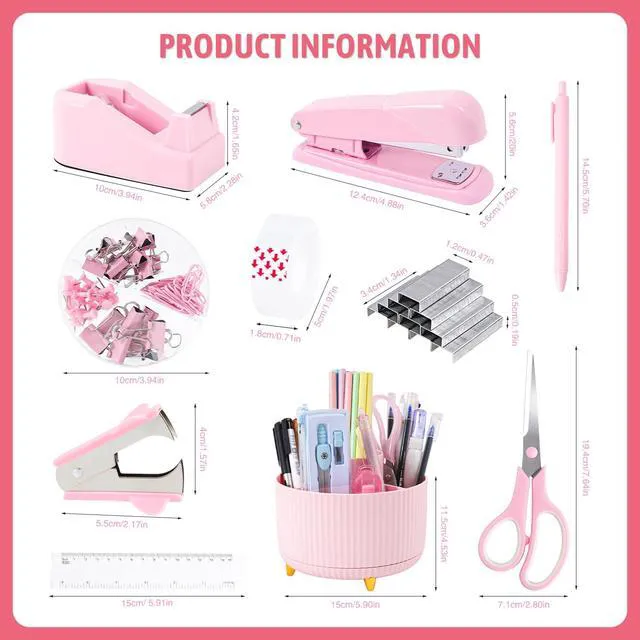 Alt view image 2 of 7 - Pink Desk Organizers and Accessories with Desk Organizer 360° Rotating Pen Holder and Office Supplies, Cute Stationery Supplies Set