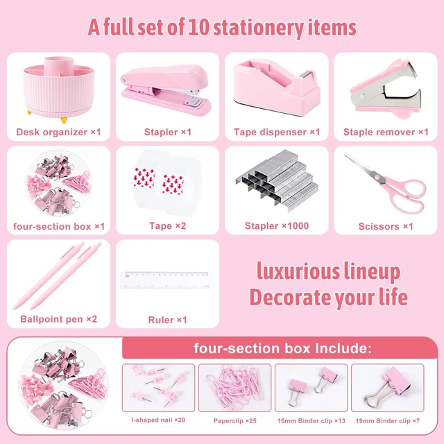 Alt view image 3 of 7 - Pink Desk Organizers and Accessories with Desk Organizer 360° Rotating Pen Holder and Office Supplies, Cute Stationery Supplies Set