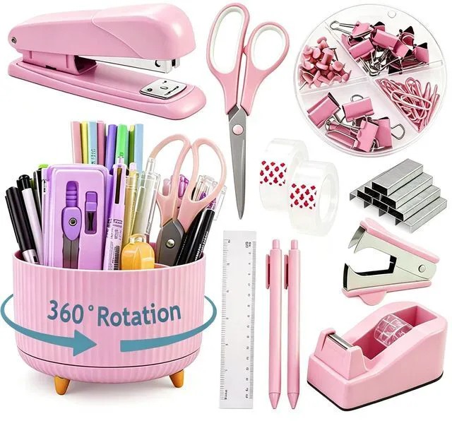 Main image of Pink Desk Organizers and Accessories with Desk Organizer 360° Rotating Pen Holder and Office Supplies, Cute Stationery Supplies Set