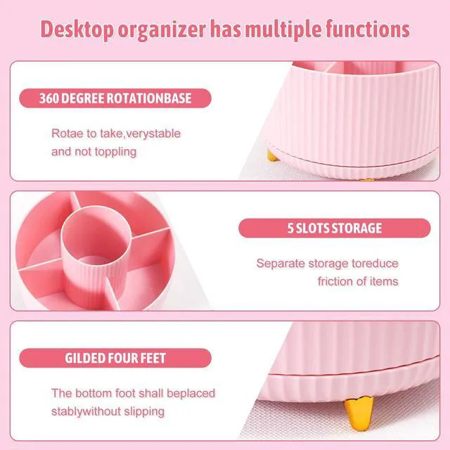 Alt view image 4 of 7 - Pink Desk Organizers and Accessories with Desk Organizer 360° Rotating Pen Holder and Office Supplies, Cute Stationery Supplies Set
