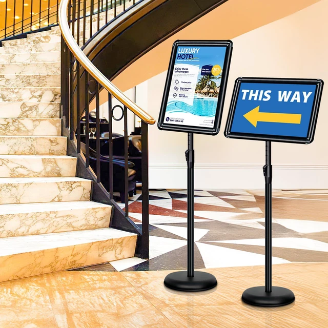Alt view image 7 of 7 - 4Pack 11x17 Sign Stand - Adjustable Floor Standing Sign Holder Pedestal Poster Stand, Adjustable Height, Vertical/Horizontal Snap-Open Frame, Business & Store Sign Holder Stand, Black