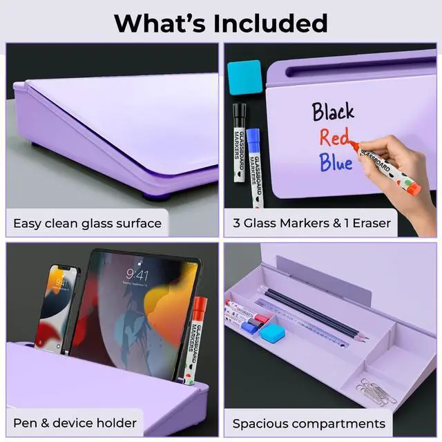 Alt view image 7 of 7 - Lavender Glass Desktop Whiteboard with Storage + 3 Markers Dry Erase Board, Work Desk Organizers, Computer Keyboard Stand, Home Office Supplies for Women, Accessories, Workspace Buddy