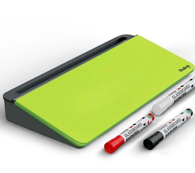 Main image of Neon Green Glass Desktop Whiteboard with Storage - Dry Erase Board Work Desk Organizers, Computer Keyboard Stand, Home Office Desk Accessories, Workspace Desk Board Buddy + 3 Markers