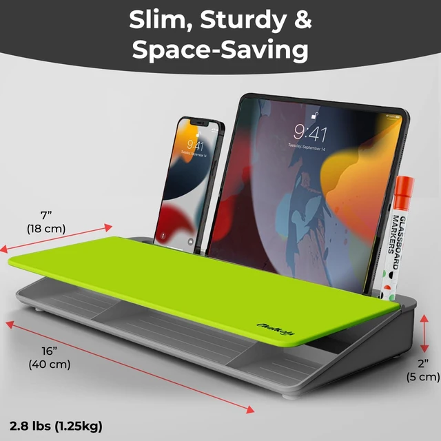 Alt view image 2 of 7 - Neon Green Glass Desktop Whiteboard with Storage - Dry Erase Board Work Desk Organizers, Computer Keyboard Stand, Home Office Desk Accessories, Workspace Desk Board Buddy + 3 Markers