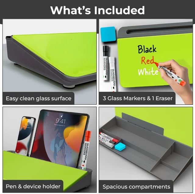 Alt view image 3 of 7 - Neon Green Glass Desktop Whiteboard with Storage - Dry Erase Board Work Desk Organizers, Computer Keyboard Stand, Home Office Desk Accessories, Workspace Desk Board Buddy + 3 Markers