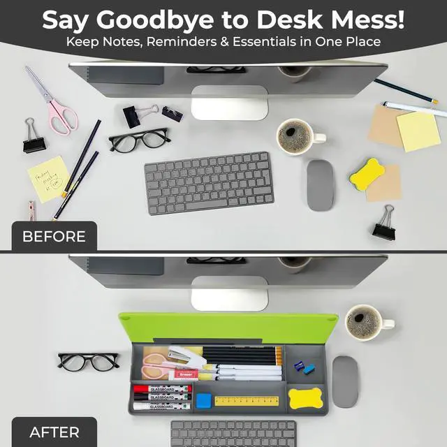 Alt view image 4 of 7 - Neon Green Glass Desktop Whiteboard with Storage - Dry Erase Board Work Desk Organizers, Computer Keyboard Stand, Home Office Desk Accessories, Workspace Desk Board Buddy + 3 Markers