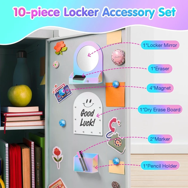 Alt view image 2 of 7 - 10Pcs Locker Accessories for Girls, Back to School Supplies Includes an acrylic board, locker mirror, eraser, pen holder, 2 marker pens and 4 round magnets for metal surfaces