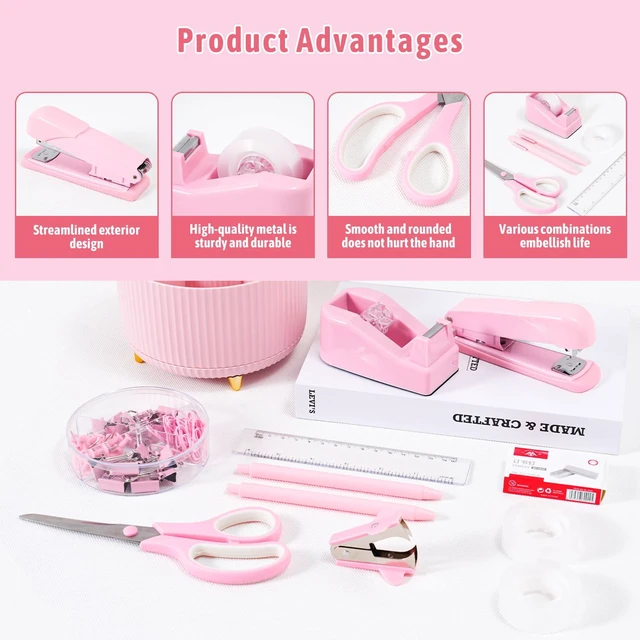 Alt view image 6 of 7 - Pink Desk Organizers and Accessories with Desk Organizer 360° Rotating Pen Holder and Office Supplies, Cute Stationery Supplies Set