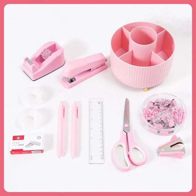 Alt view image 7 of 7 - Pink Desk Organizers and Accessories with Desk Organizer 360° Rotating Pen Holder and Office Supplies, Cute Stationery Supplies Set
