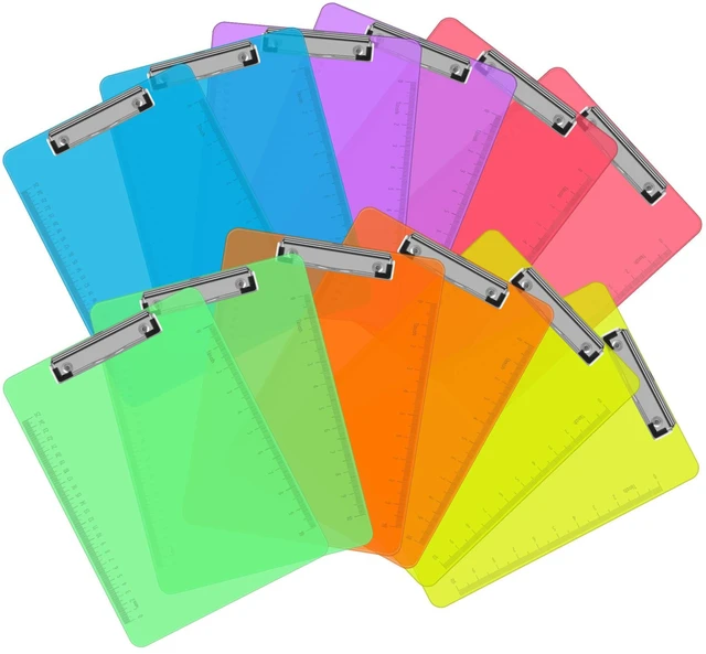 Main image of 12 Pack Plastic Clipboards, Low Profile Clip, Letter Size, 6 Colors Clear Colored Clipboards, 12.5 x 9 Inch, Fit 8.5x11 Letter Size Paper, Office, Classroom, Assorted 6 Colors, ECO Friendly