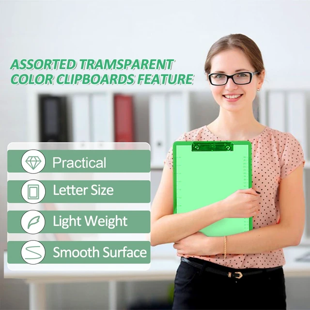 Alt view image 5 of 7 - 12 Pack Plastic Clipboards, Low Profile Clip, Letter Size, 6 Colors Clear Colored Clipboards, 12.5 x 9 Inch, Fit 8.5x11 Letter Size Paper, Office, Classroom, Assorted 6 Colors, ECO Friendly