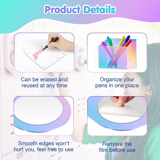 Alt view image 4 of 7 - 10Pcs Locker Accessories for Girls, Back to School Supplies Includes an acrylic board, locker mirror, eraser, pen holder, 2 marker pens and 4 round magnets for metal surfaces