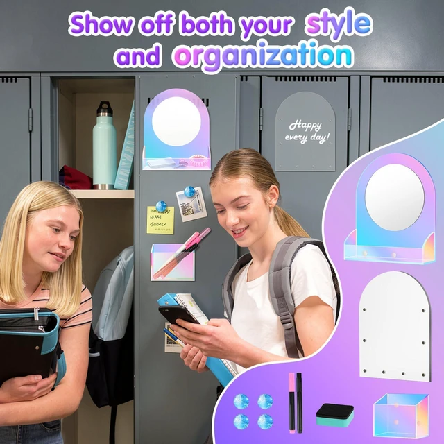 Alt view image 7 of 7 - 10Pcs Locker Accessories for Girls, Back to School Supplies Includes an acrylic board, locker mirror, eraser, pen holder, 2 marker pens and 4 round magnets for metal surfaces