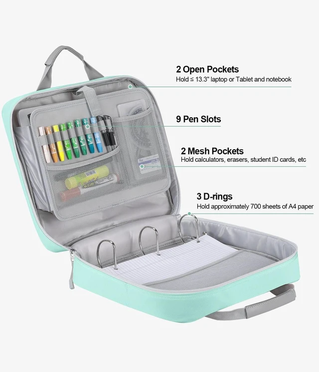 Alt view image 2 of 7 - Zipper Binder 3 Inch 3 Ring with Shoulder Strap Multi-Pocket,Tough Binder Bag with Laptop organizer for School Travel,Fit 13" MacBook & Tablet,700 Sheets Capacity,Water Resistant,Light Blue