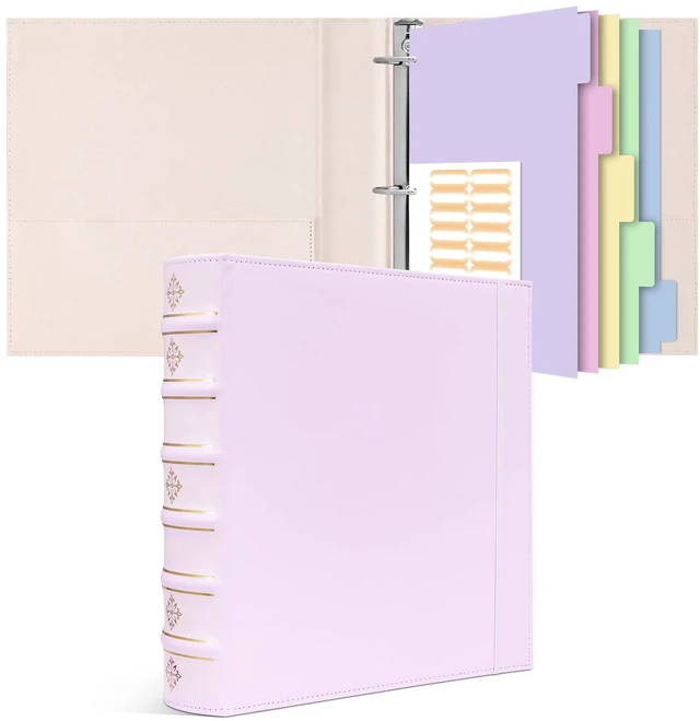 Main image of Leather 3 Ring Binder 2 Inch, Vintage D Ring Binder with Pockets and 5 Tab Dividers, Hardback Book Style Document Organizer Fits Letter Size for Home and Office Pink
