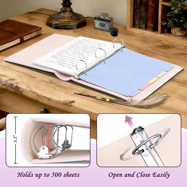 Alt view image 2 of 6 - Leather 3 Ring Binder 2 Inch, Vintage D Ring Binder with Pockets and 5 Tab Dividers, Hardback Book Style Document Organizer Fits Letter Size for Home and Office Pink